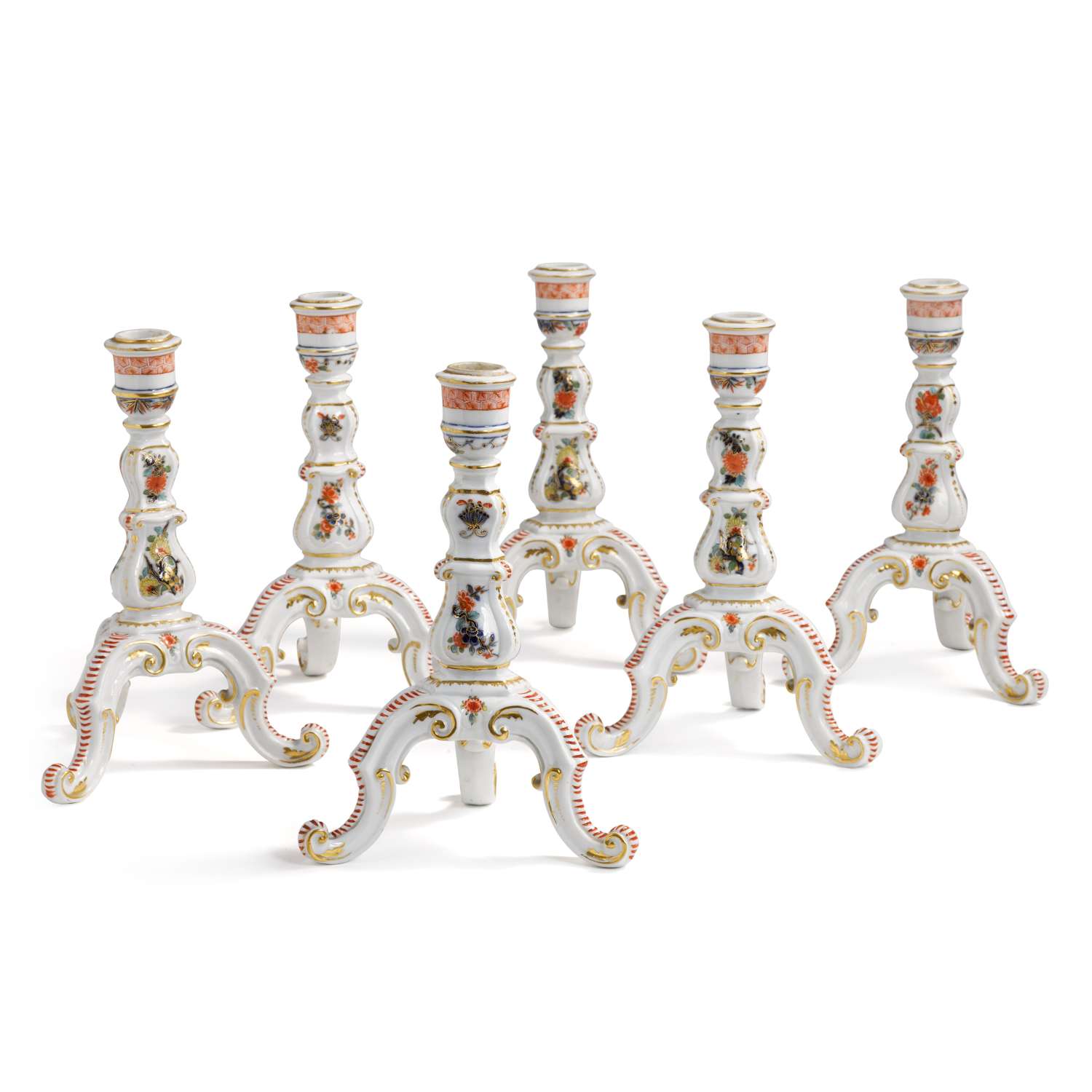Meissen set of six three-footed Imari candlesticks